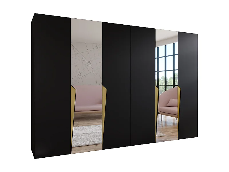 Armoire à portes battantes Piano 2 300 (150x2) / 202 / 52 (Noir + poignées: Gold)