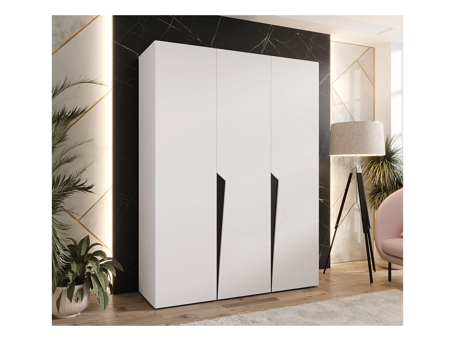 Armoire à portes battantes Piano 1 150 / 202 / 52 (Blanc + poignées: Noir)