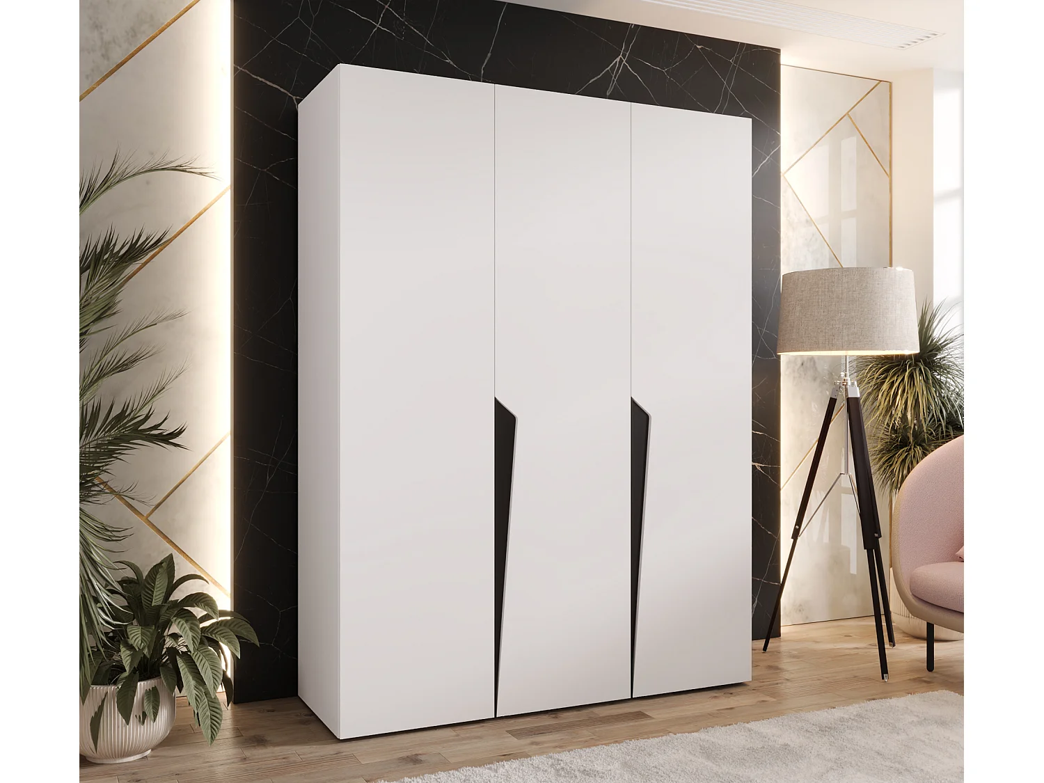 Armoire à portes battantes Piano 1 150 / 202 / 52 (Blanc + poignées: Noir)