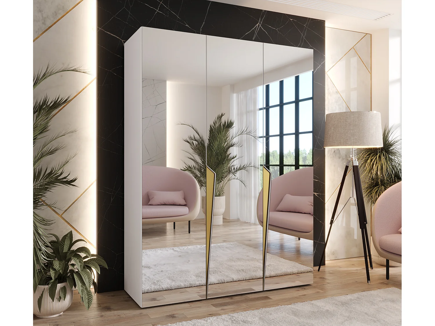 Draaideurkast Piano 3 150 / 202 / 52 (Wit + handgrepen: Goud)