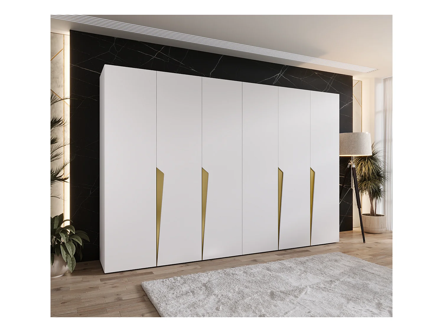 Draaideurkast Piano 1 300 (150x2) / 202 / 52 (Wit + handgrepen: Goud)