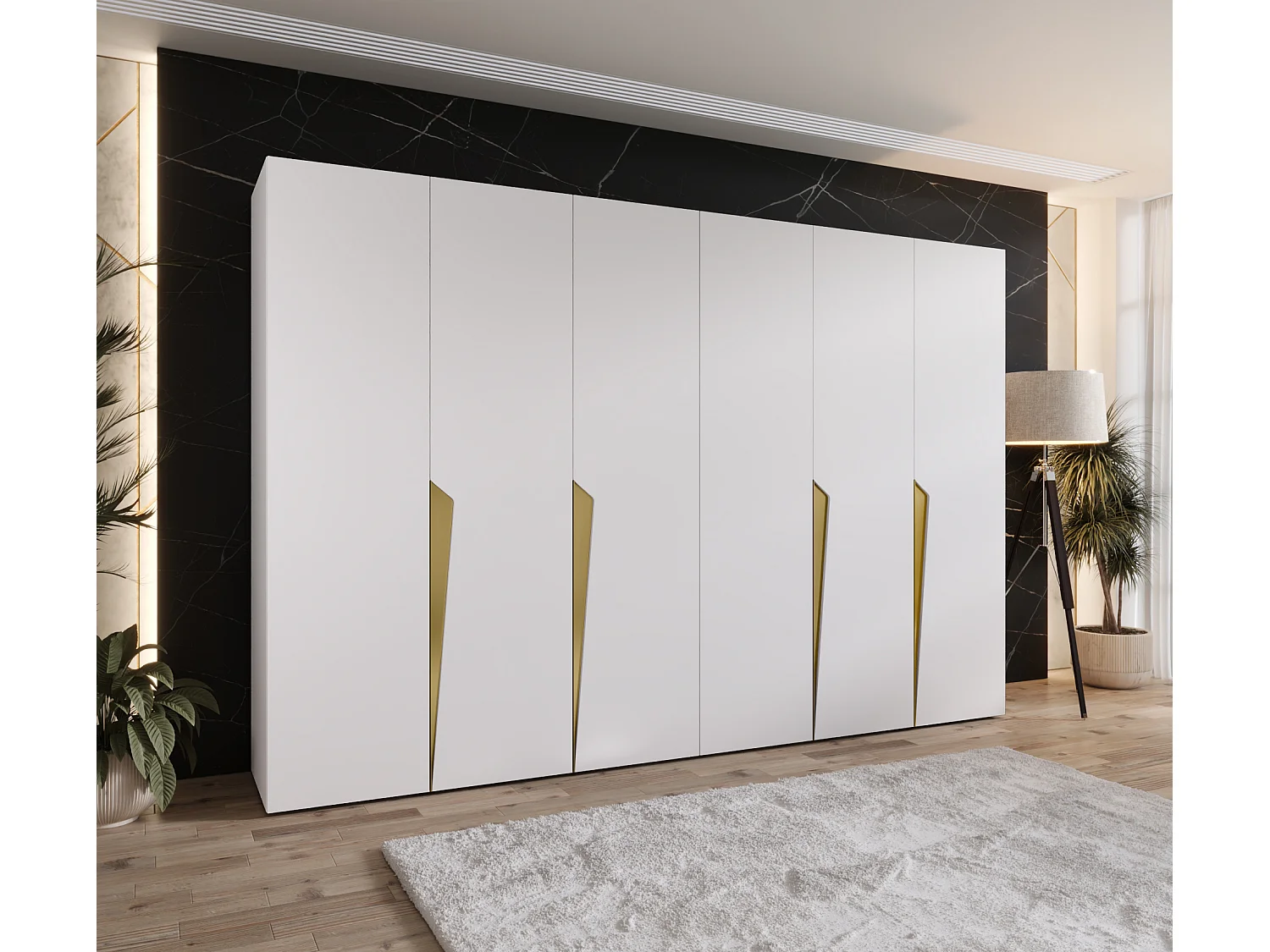 Drehtürenschrank Piano 1 300 (150x2) / 202 / 52 (Weiß + Griffe: Gold)