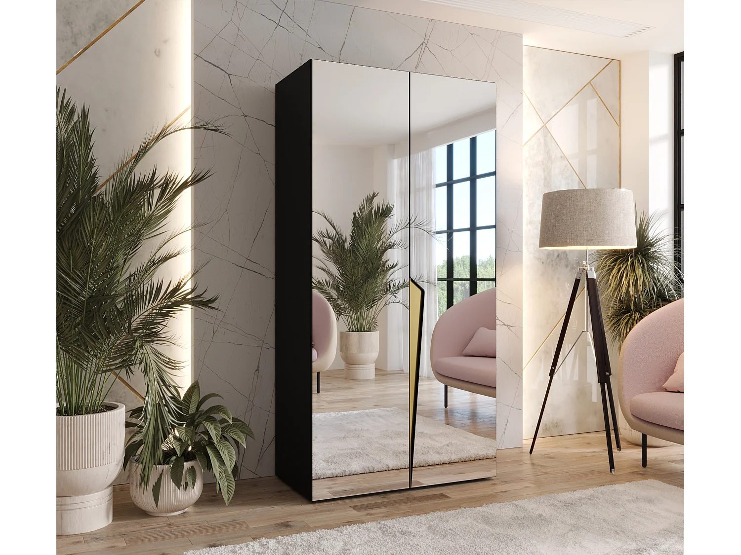 Armoire à portes battantes Piano 3 100 / 202 / 52 (Noir + poignées: Gold)