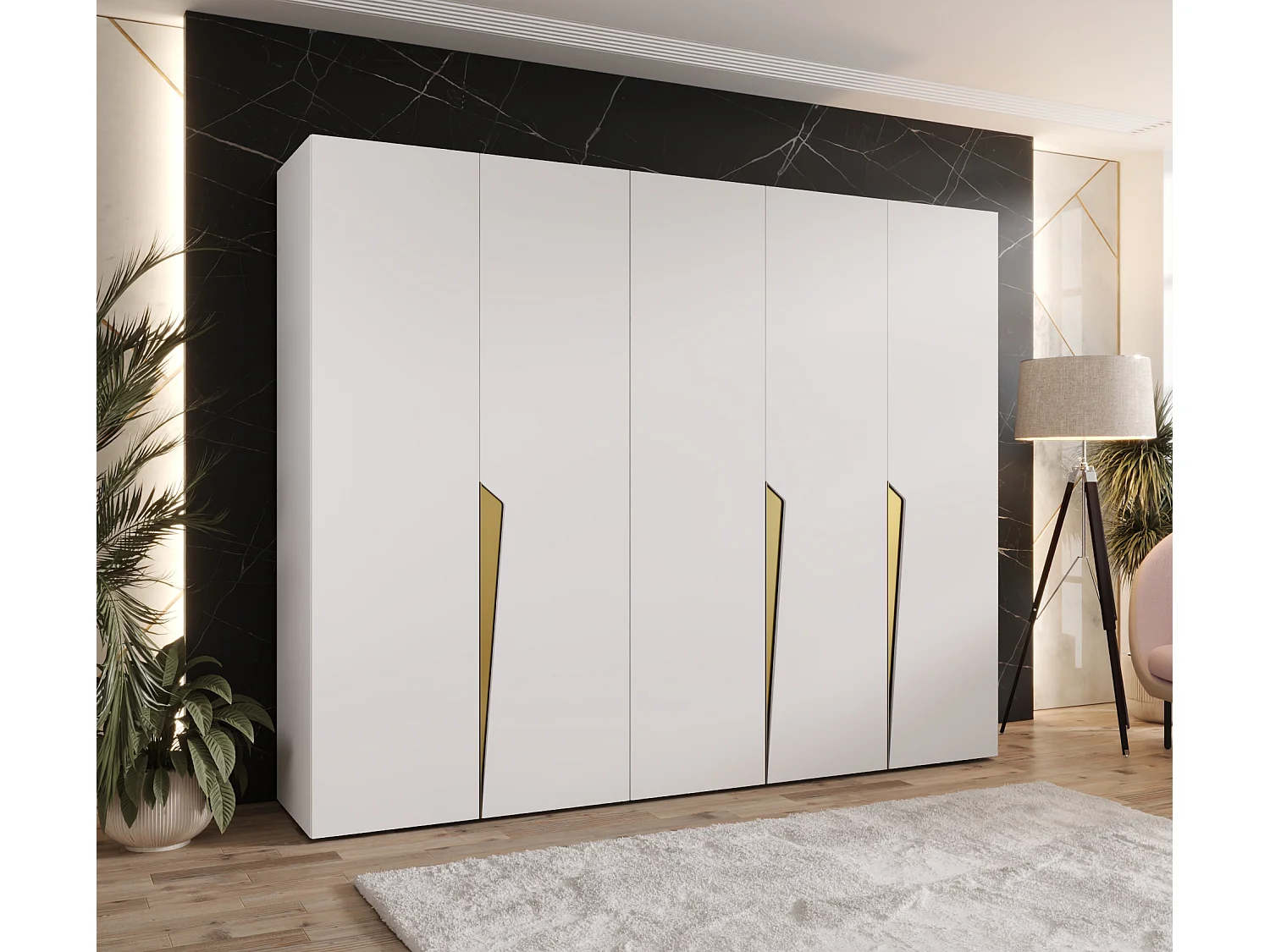 Armoire à portes battantes Piano 1 250 / 202 / 52 (Blanc + poignées: Gold)