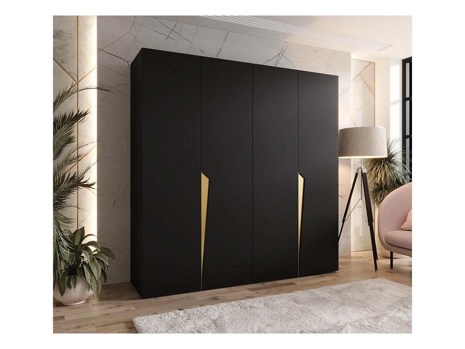 Armoire à portes battantes Piano 1 200 / 202 / 52 (Noir + poignées: Gold)