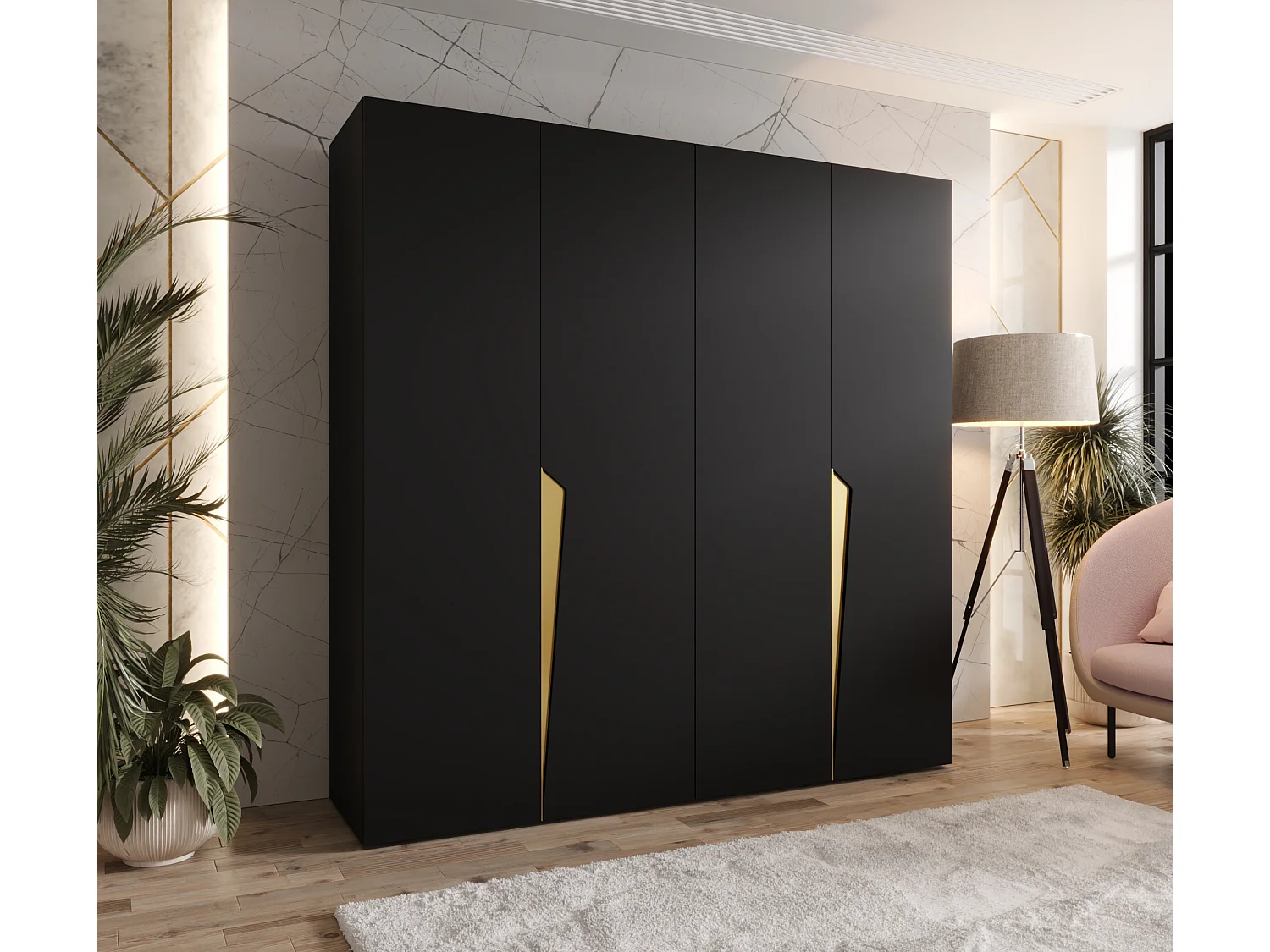 Armoire à portes battantes Piano 1 200 / 202 / 52 (Noir + poignées: Gold)