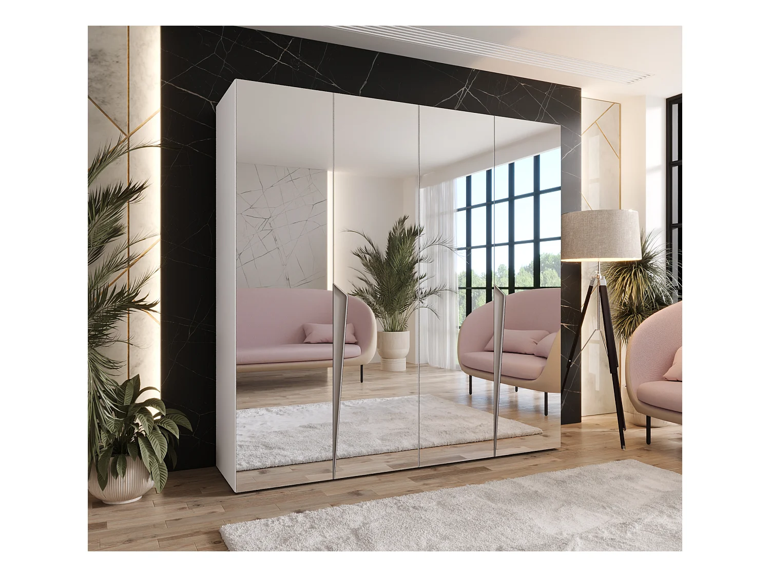 Armario con puertas batientes Piano 3 200 / 202 / 52 (Blanco + Asas: Cachemira)