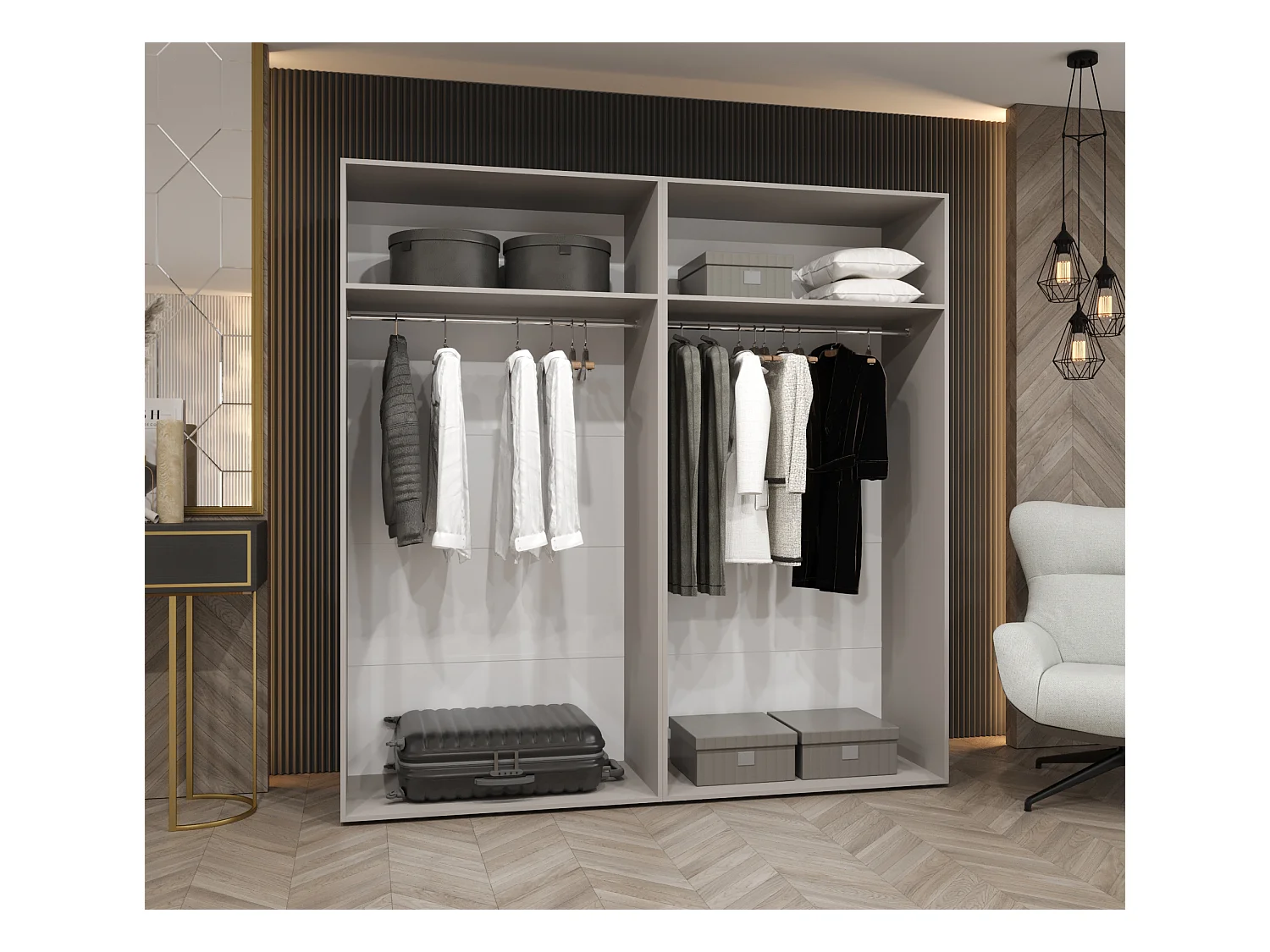 Armoire à portes battantes Piano 3 200 / 202 / 52 (Blanc + poignées: Cachemire)