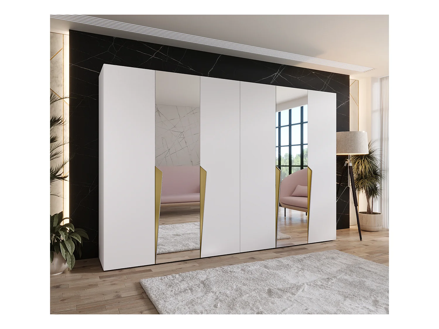 Draaideurkast Piano 2 300 (150x2) / 202 / 52 (Wit + handgrepen: Goud)