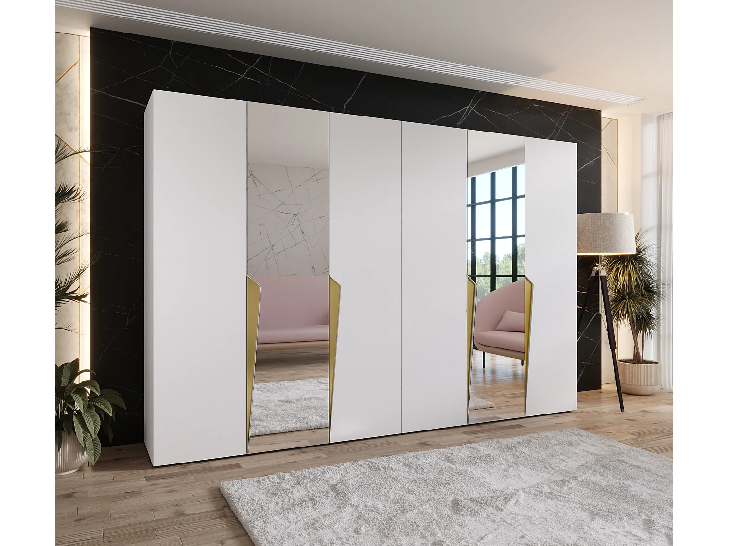 Armoire à portes battantes Piano 2 300 (150x2) / 202 / 52 (Blanc + poignées: Gold)