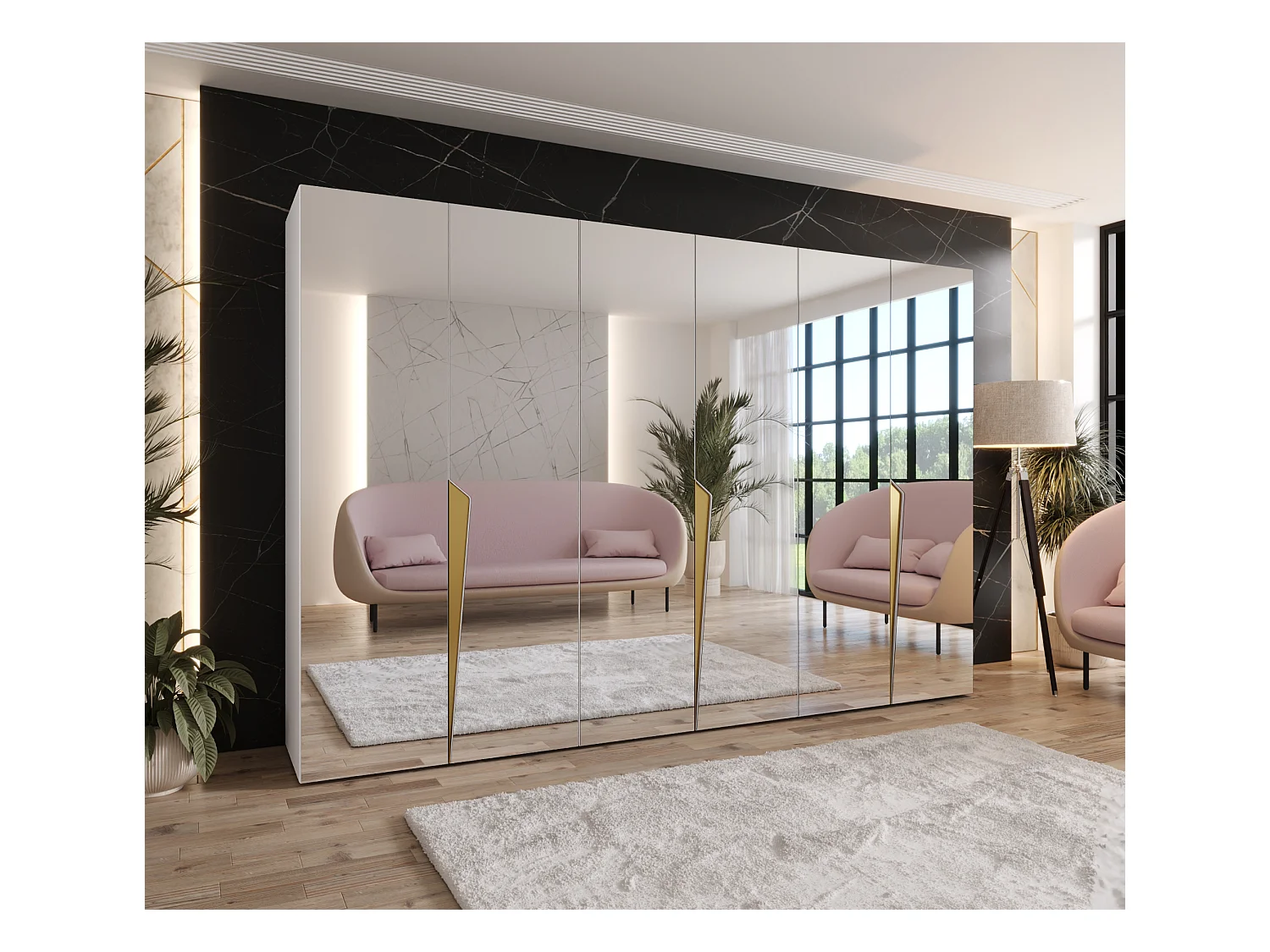 Armario con puertas batientes Piano 3 300 (100x3) / 202 / 52 (Blanco + Asas: Oro)