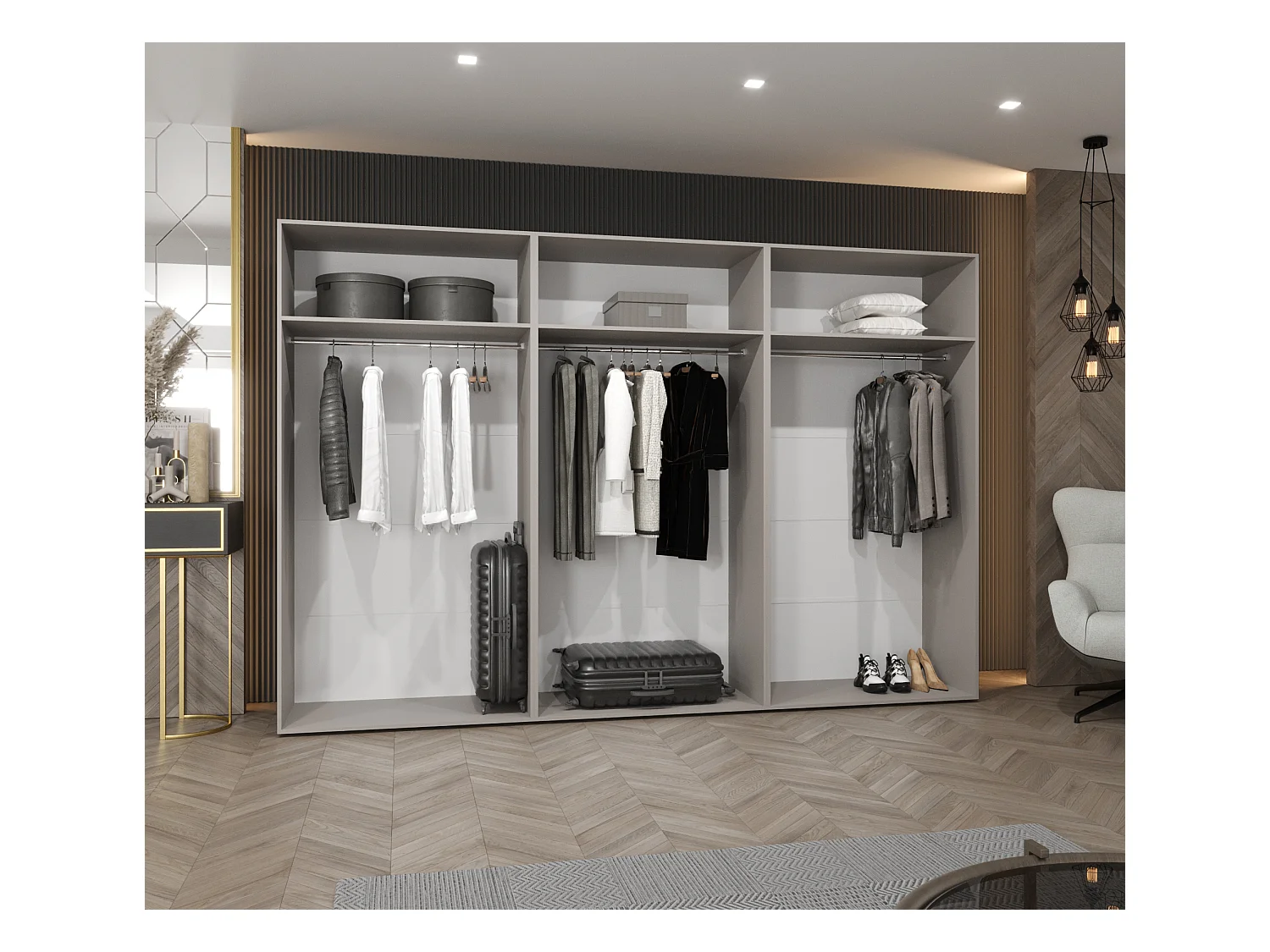 Armoire à portes battantes Piano 3 300 (100x3) / 202 / 52 (Blanc + poignées: Gold)