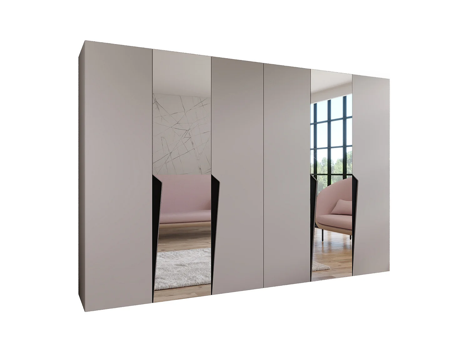 Armadio con ante a battente Piano 2 300 (150x2) / 202 / 52 (Cashmere + Maniglie: Nero)