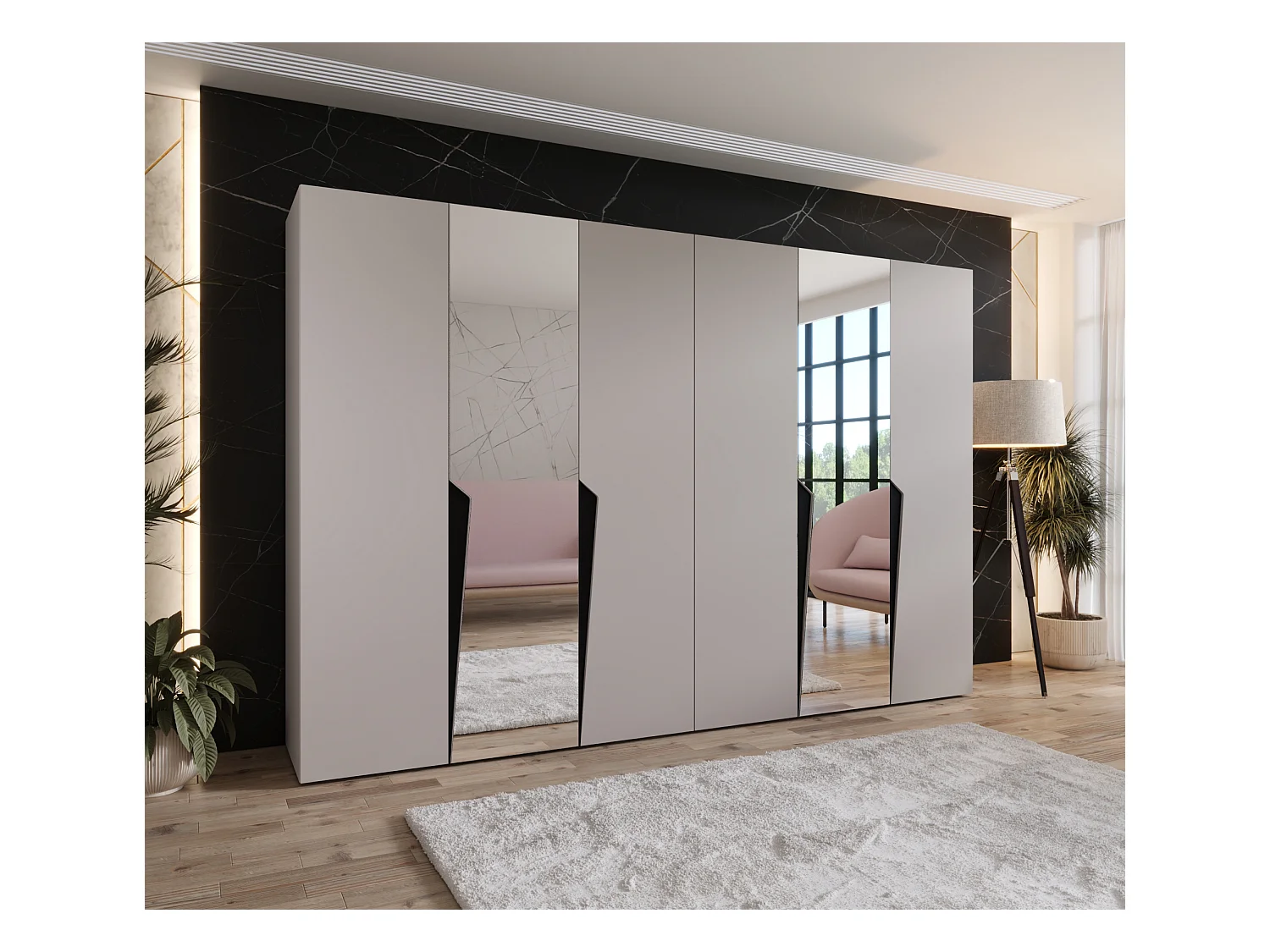 Armadio con ante a battente Piano 2 300 (150x2) / 202 / 52 (Cashmere + Maniglie: Nero)