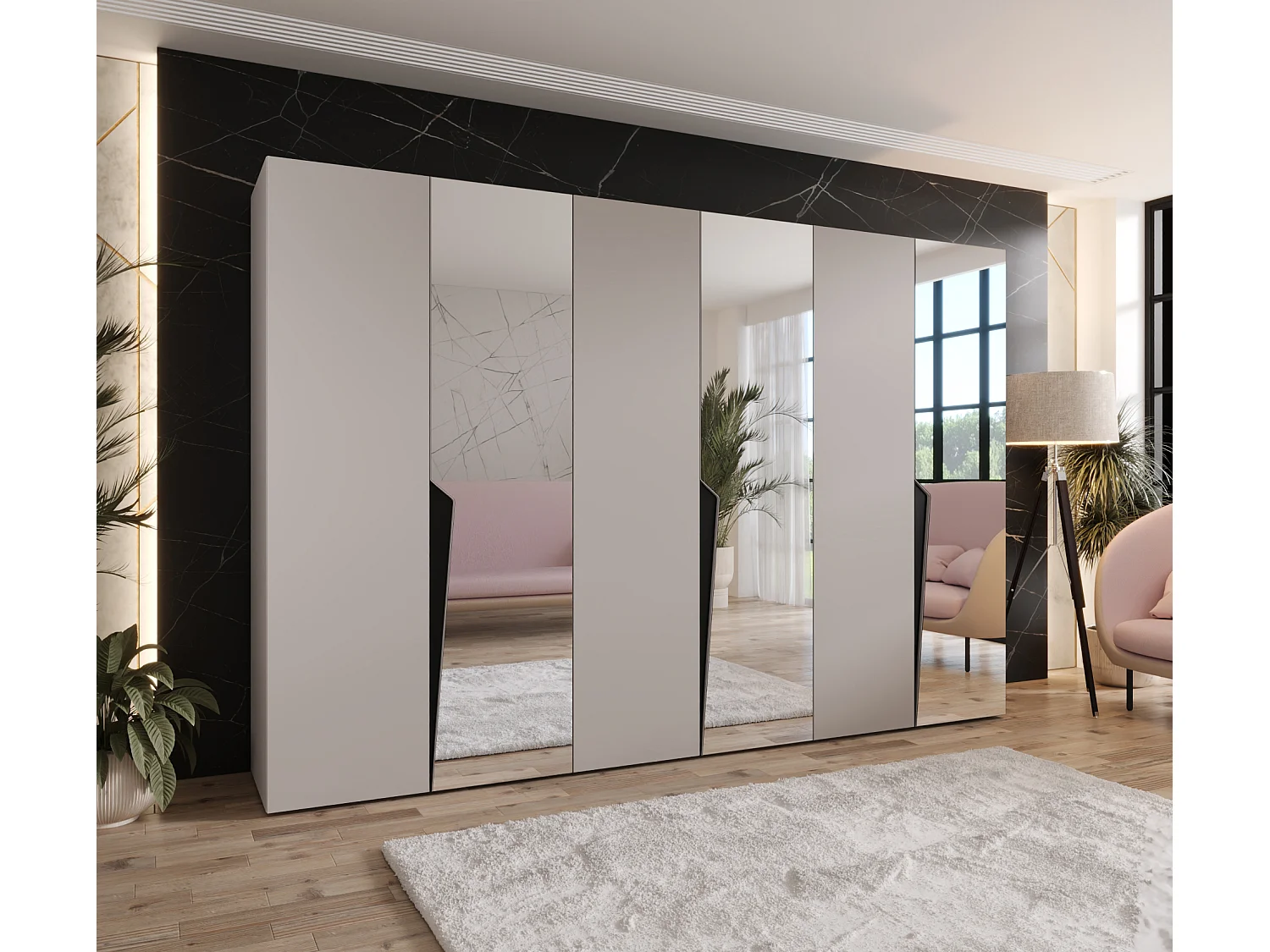 Armario con puertas batientes Piano 2 300 (100x3) / 202 / 52 (Cachemira + Asas: Negro)