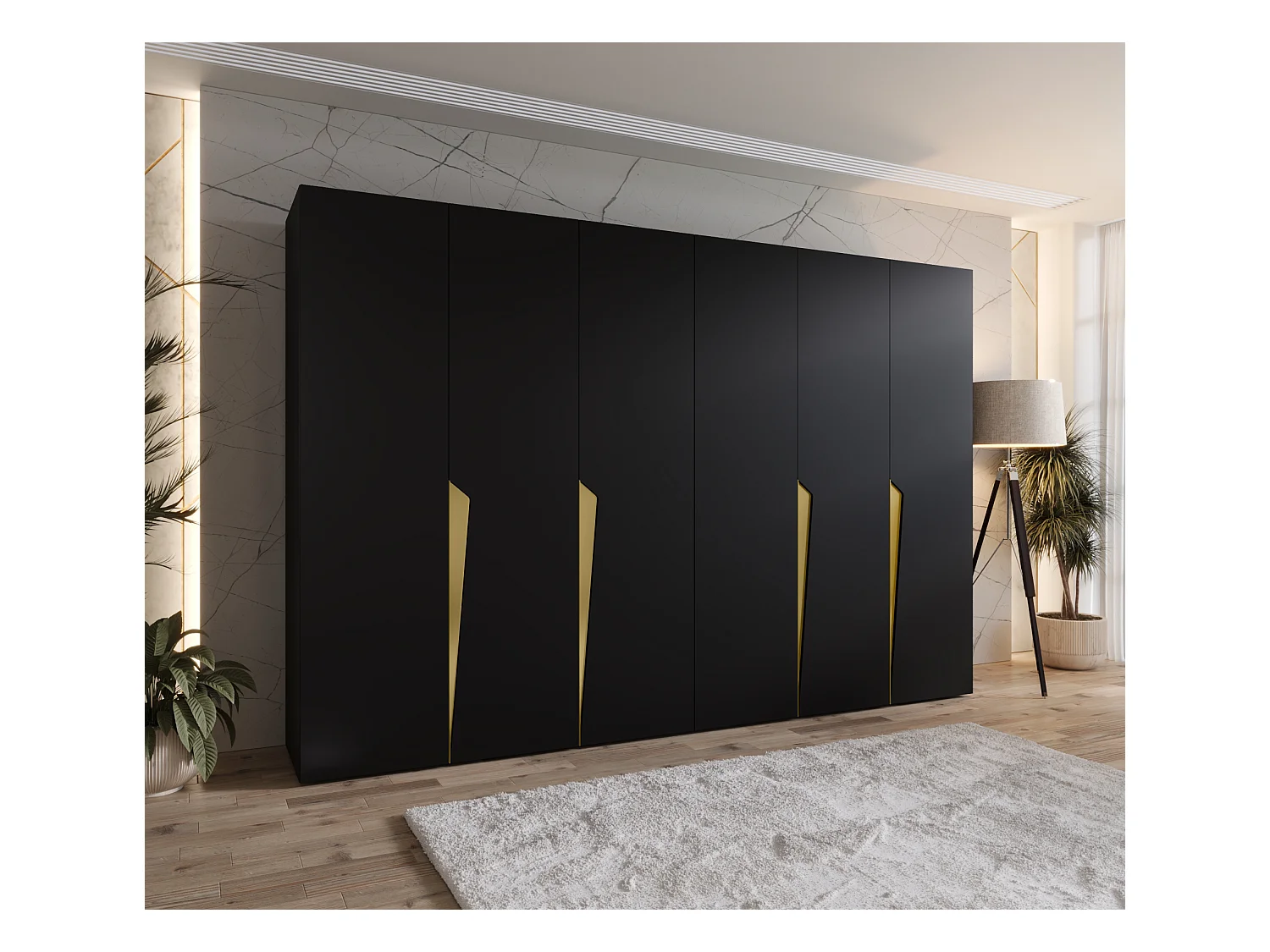 Armoire à portes battantes Piano 1 300 (150x2) / 202 / 52 (Noir + poignées: Gold)