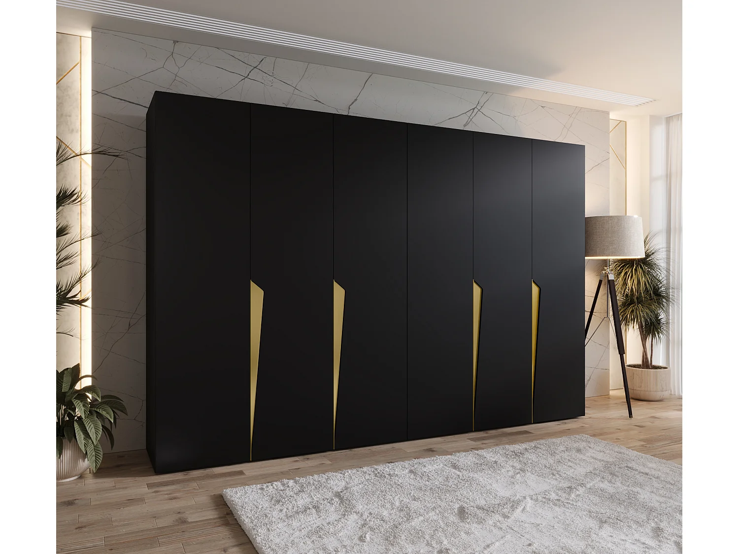 Armoire à portes battantes Piano 1 300 (150x2) / 202 / 52 (Noir + poignées: Gold)