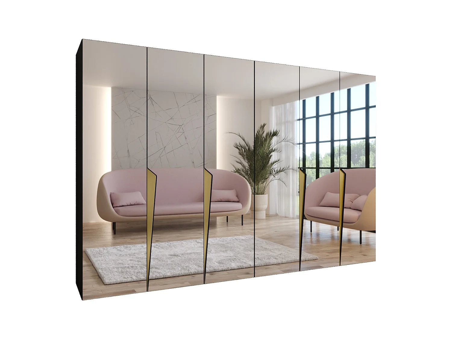 Armadio con ante a battente Piano 3 300 (150x2) / 202 / 52 (Nero + Maniglie: Oro)