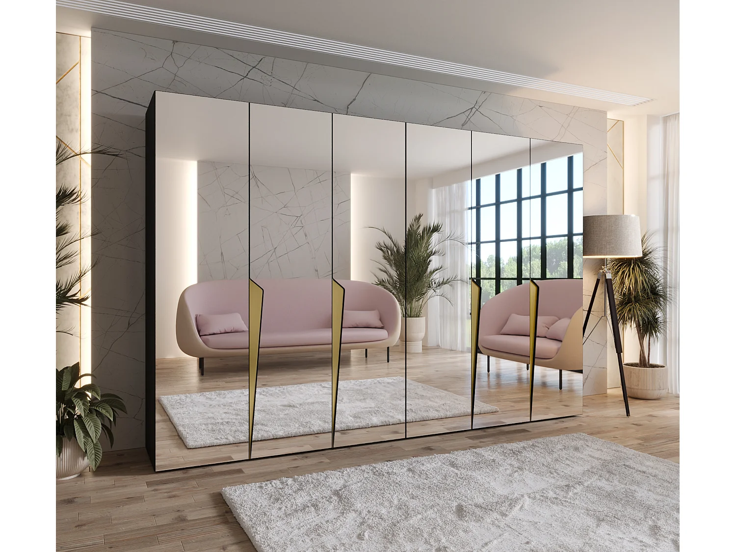 Armoire à portes battantes Piano 3 300 (150x2) / 202 / 52 (Noir + poignées: Gold)