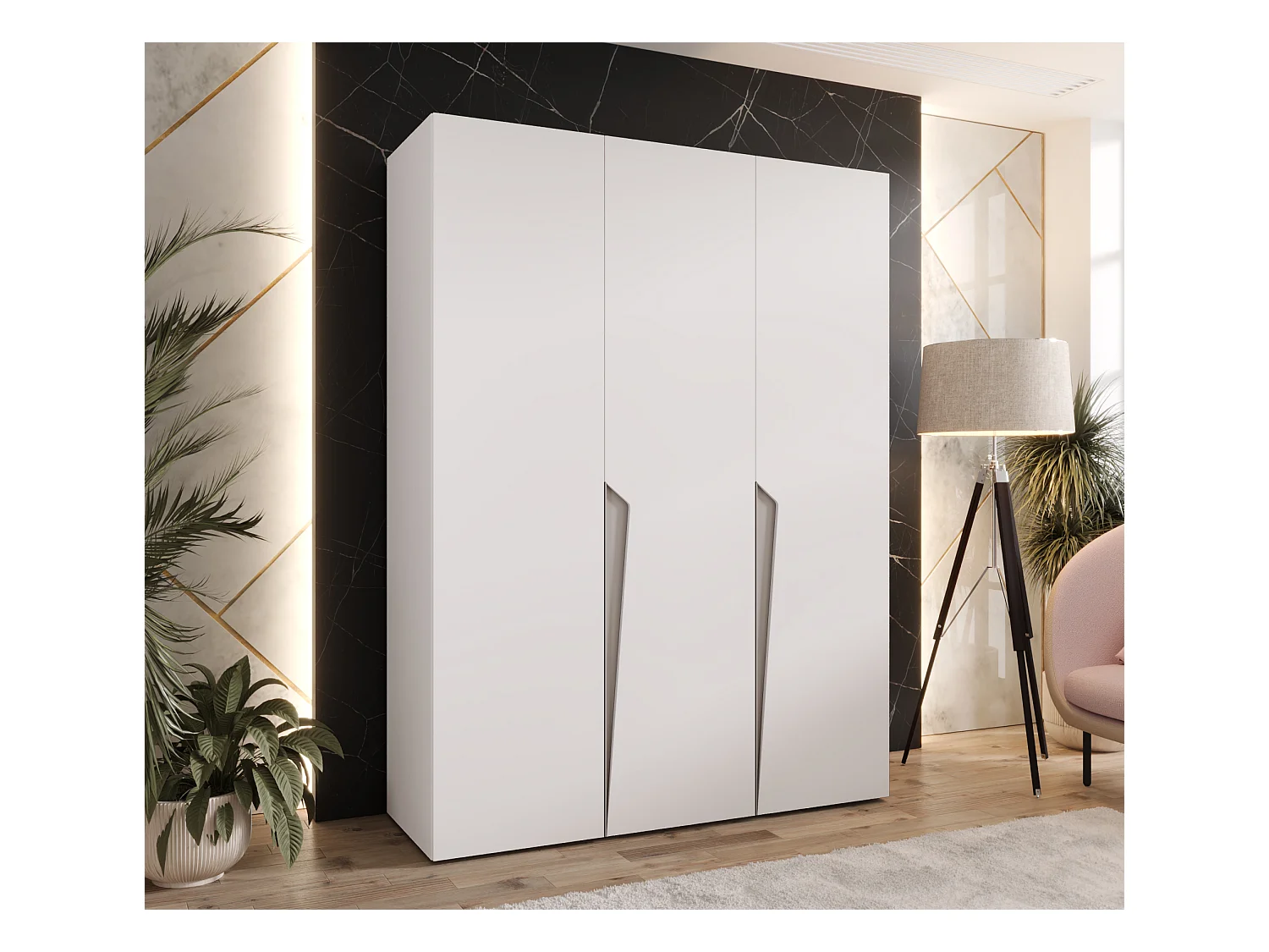 Drehtürenschrank Piano 1 150 / 202 / 52 (Weiß + Griffe: Kaschmir)