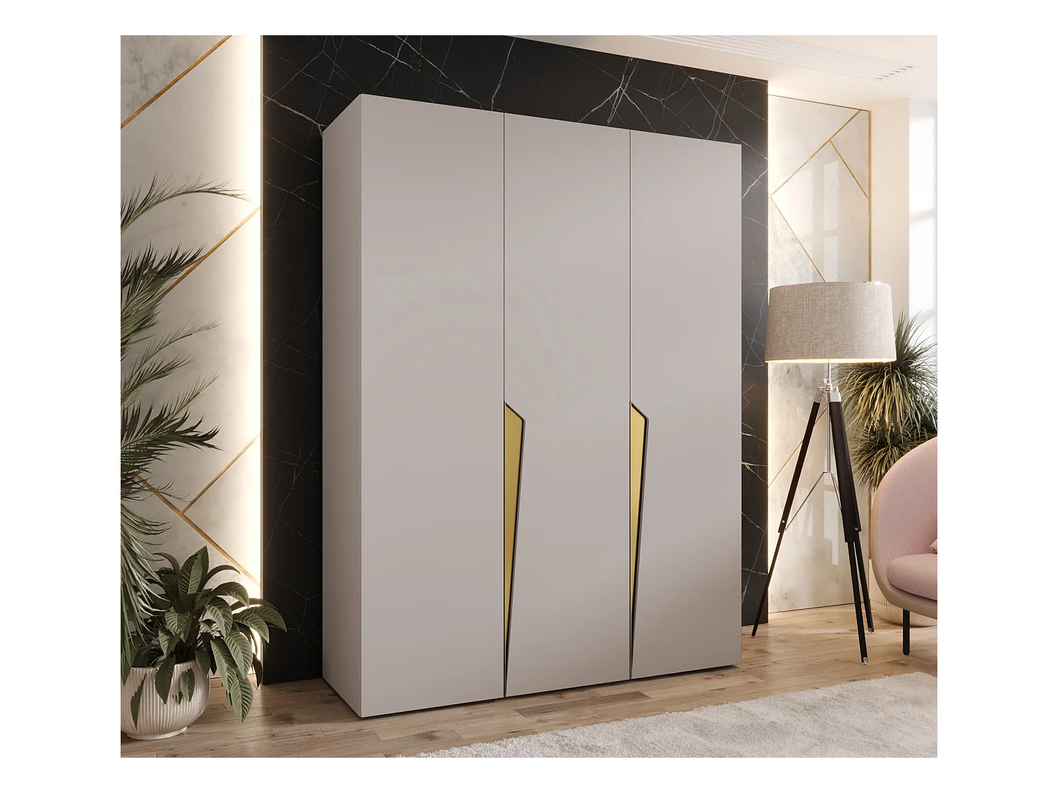 Drehtürenschrank Piano 1 150 / 202 / 52 (Kaschmir + Griffe: Gold)