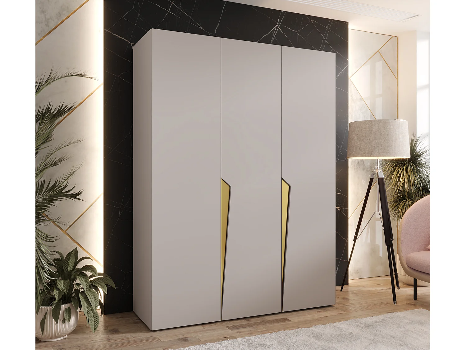 Drehtürenschrank Piano 1 150 / 202 / 52 (Kaschmir + Griffe: Gold)