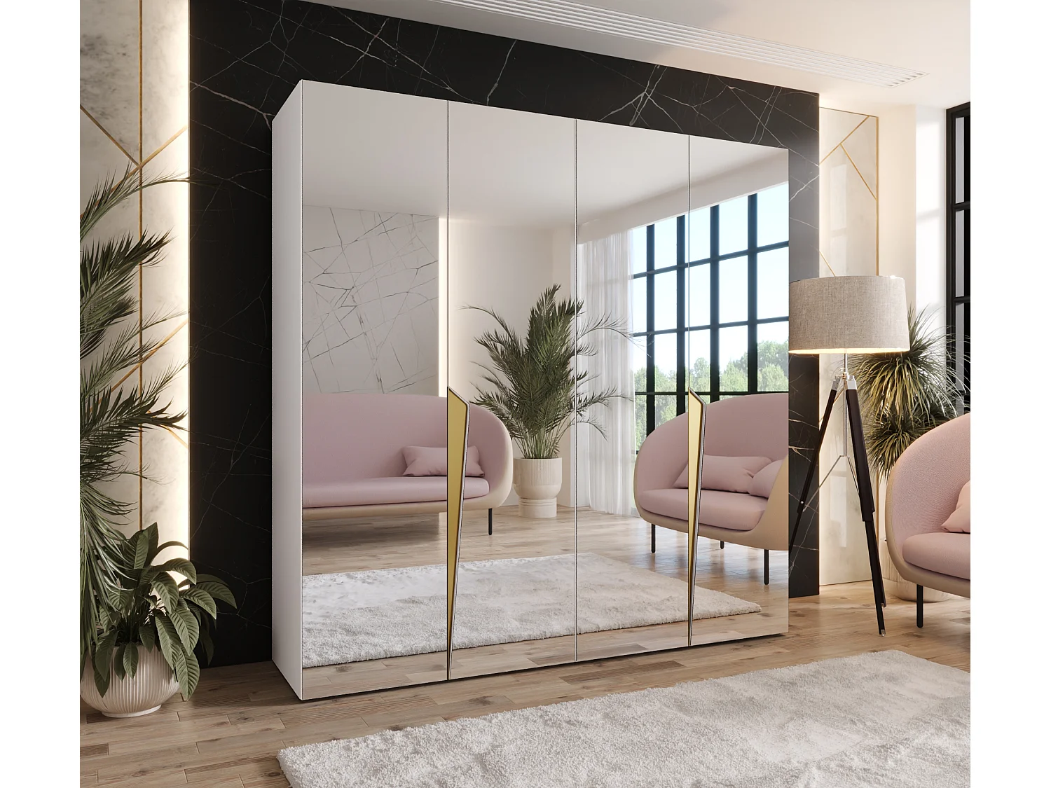 Armoire à portes battantes Piano 3 200 / 202 / 52 (Blanc + poignées: Gold)