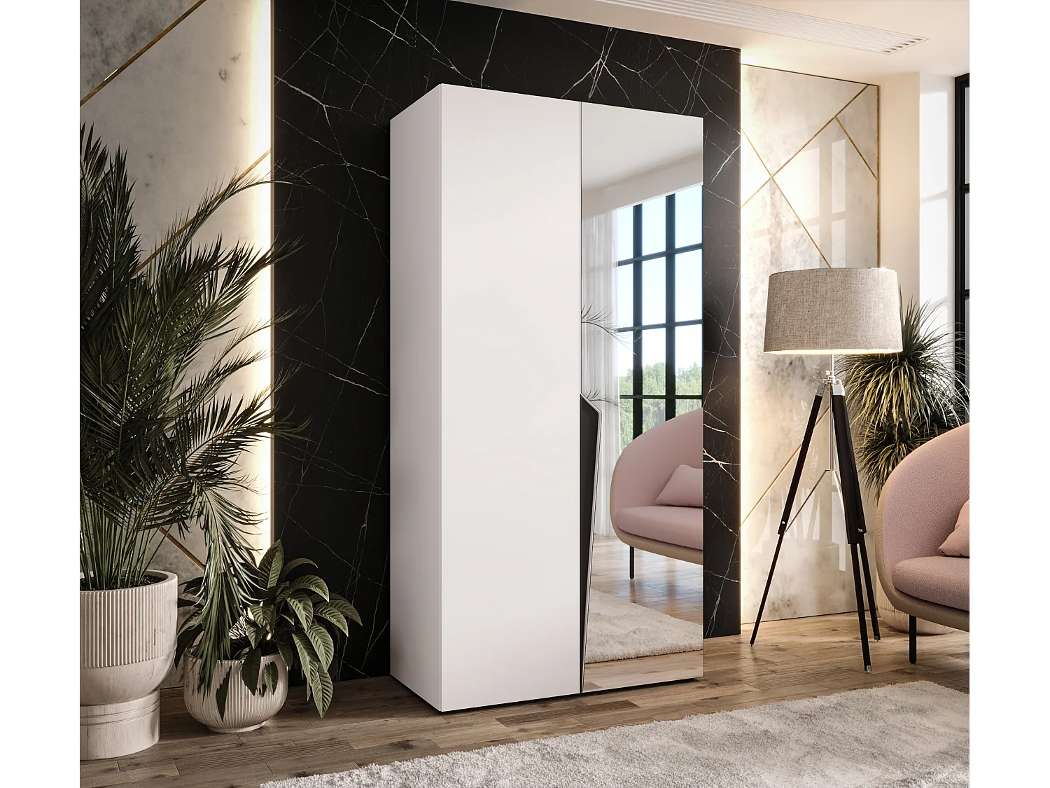 Drehtürenschrank Piano 2 100 / 202 / 52 (Weiß + Griffe: Schwarz)