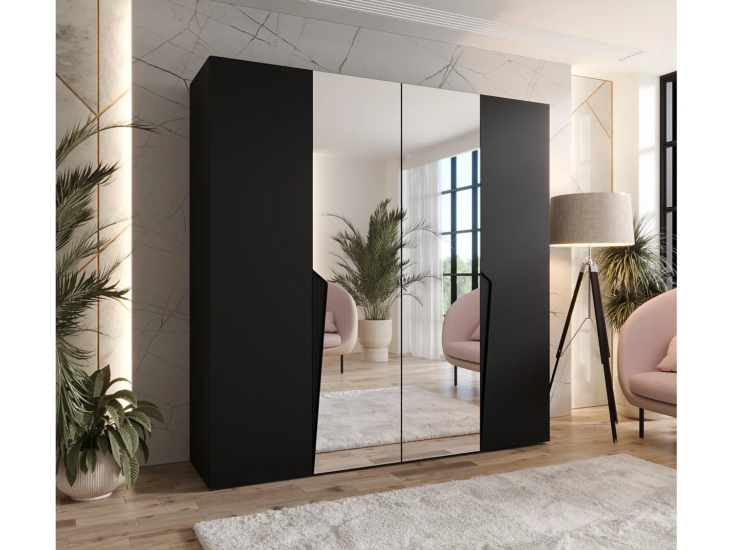 Armoire à portes battantes Piano 2 200 / 202 / 52 (Noir + poignées: Noir)