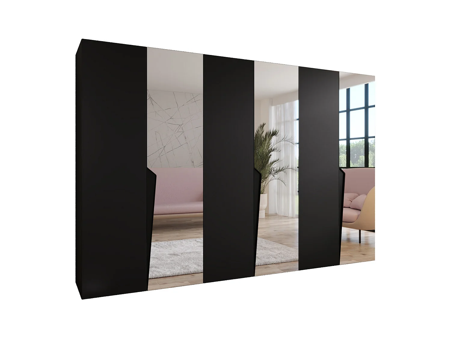 Armadio con ante a battente Piano 2 300 (100x3) / 202 / 52 (Nero + Maniglie: Nero)