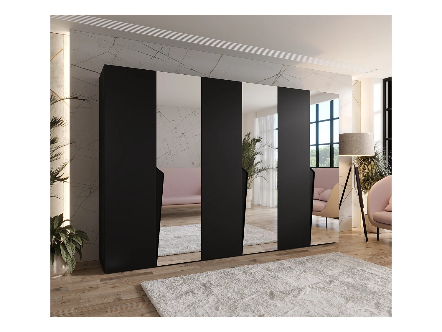 Armadio con ante a battente Piano 2 300 (100x3) / 202 / 52 (Nero + Maniglie: Nero)