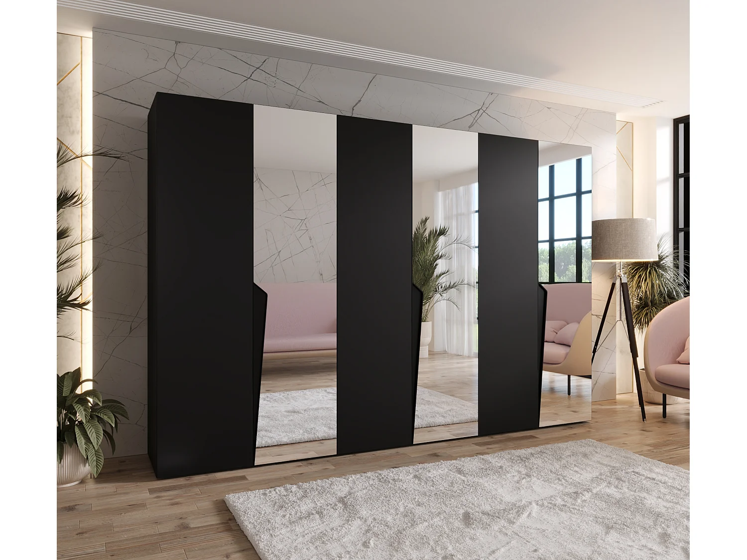 Armoire à portes battantes Piano 2 300 (100x3) / 202 / 52 (Noir + poignées: Noir)