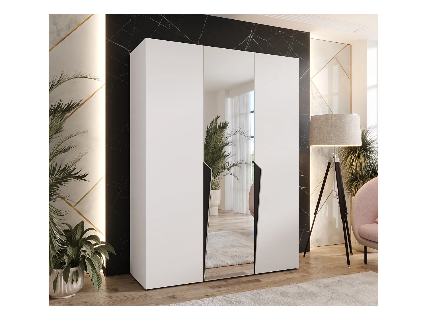 Armoire à portes battantes Piano 2 150 / 202 / 52 (Blanc + poignées: Noir)