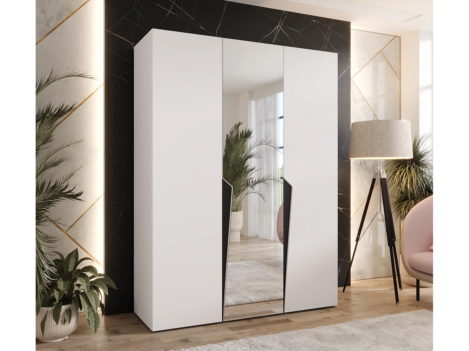 Armoire à portes battantes Piano 2 150 / 202 / 52 (Blanc + poignées: Noir)