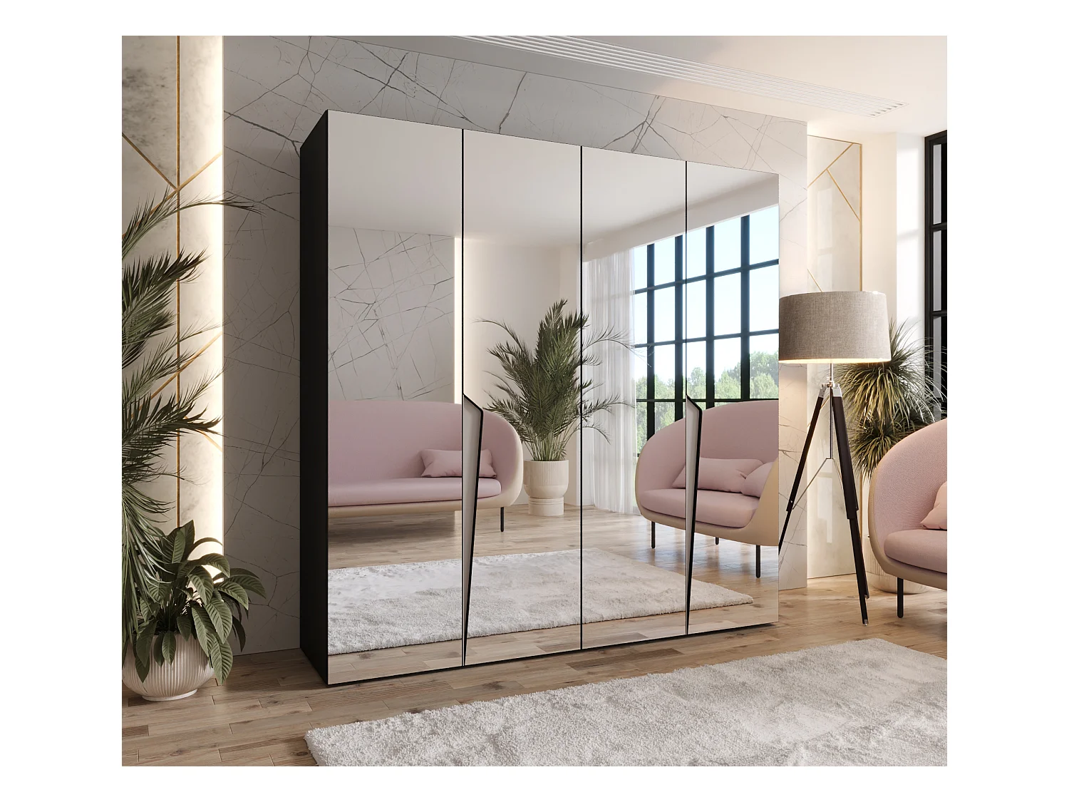 Armoire à portes battantes Piano 3 200 / 202 / 52 (Noir + poignées: Cachemire)