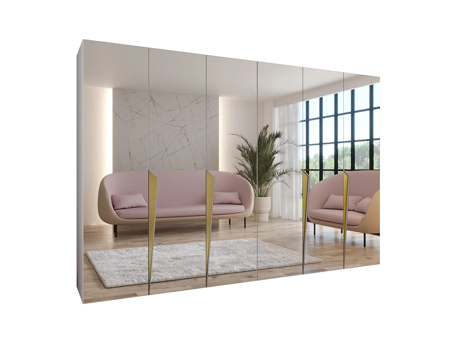 Armario con puertas batientes Piano 3 300 (150x2) / 202 / 52 (Blanco + Asas: Oro)