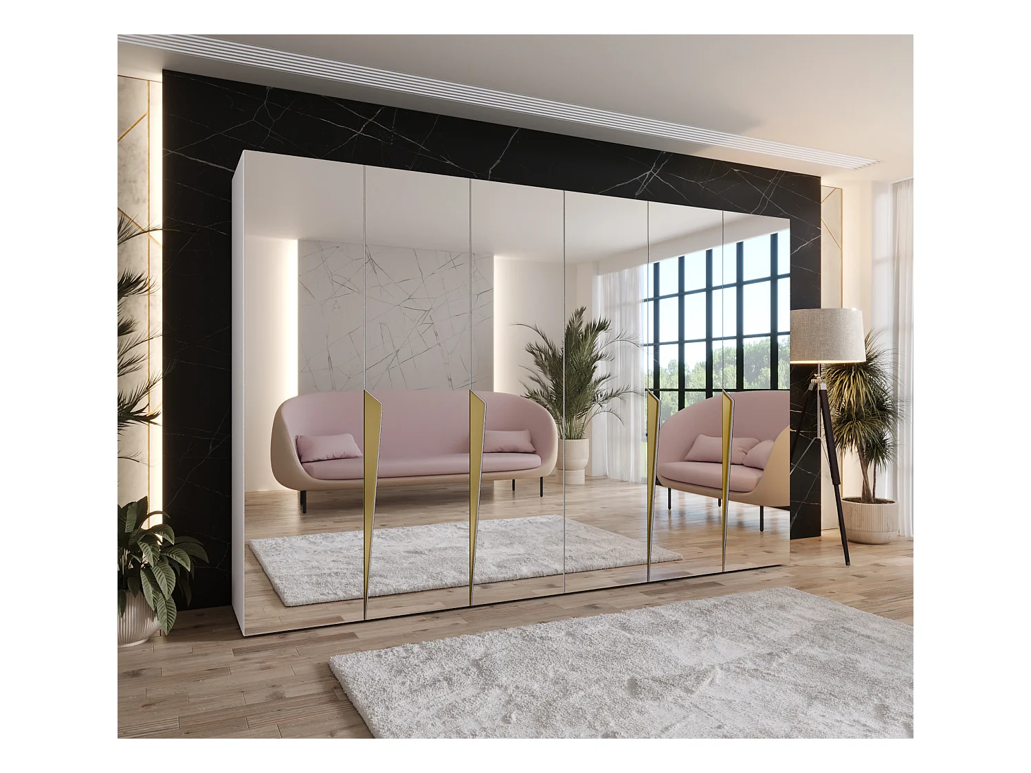 Armario con puertas batientes Piano 3 300 (150x2) / 202 / 52 (Blanco + Asas: Oro)