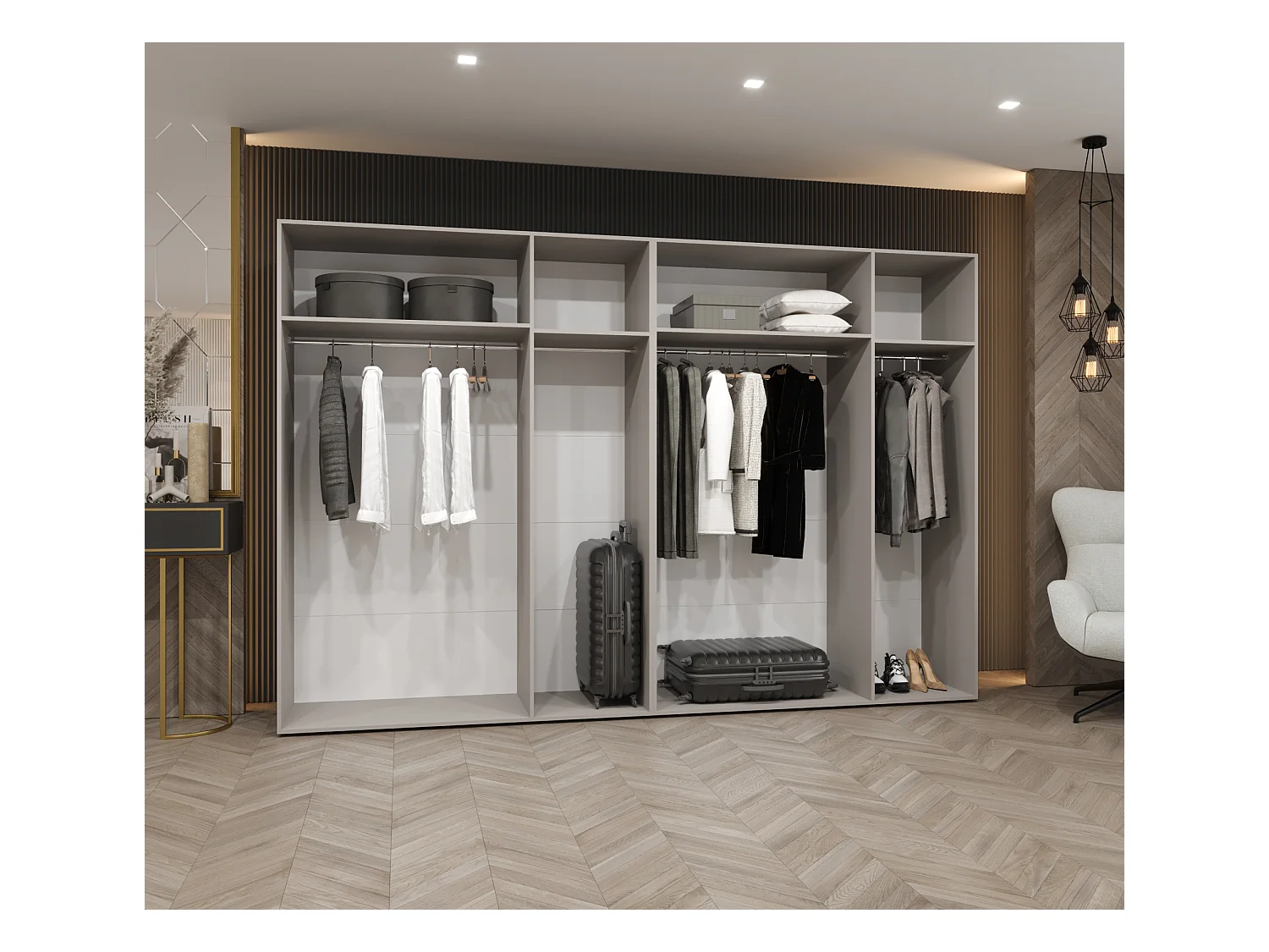 Armario con puertas batientes Piano 3 300 (150x2) / 202 / 52 (Blanco + Asas: Oro)