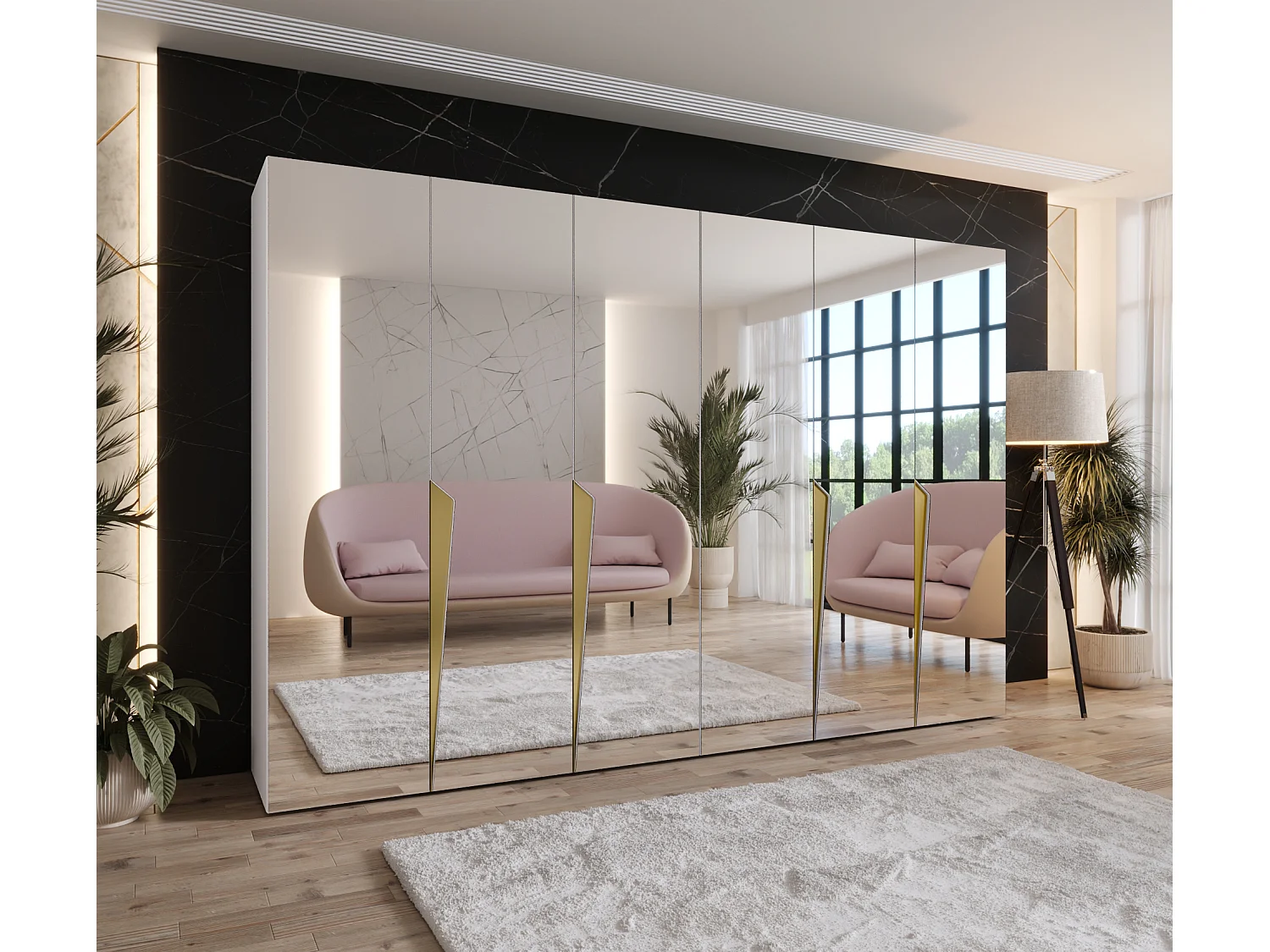 Armoire à portes battantes Piano 3 300 (150x2) / 202 / 52 (Blanc + poignées: Gold)