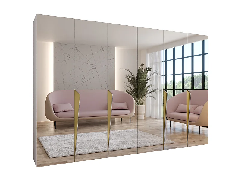 Armadio con ante a battente Piano 3 300 (150x2) / 202 / 52 (Bianco + Maniglie: Oro)