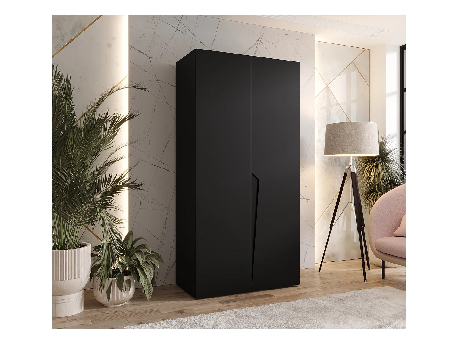 Drehtürenschrank Piano 1 100 / 202 / 52 (Schwarz + Griffe: Schwarz)