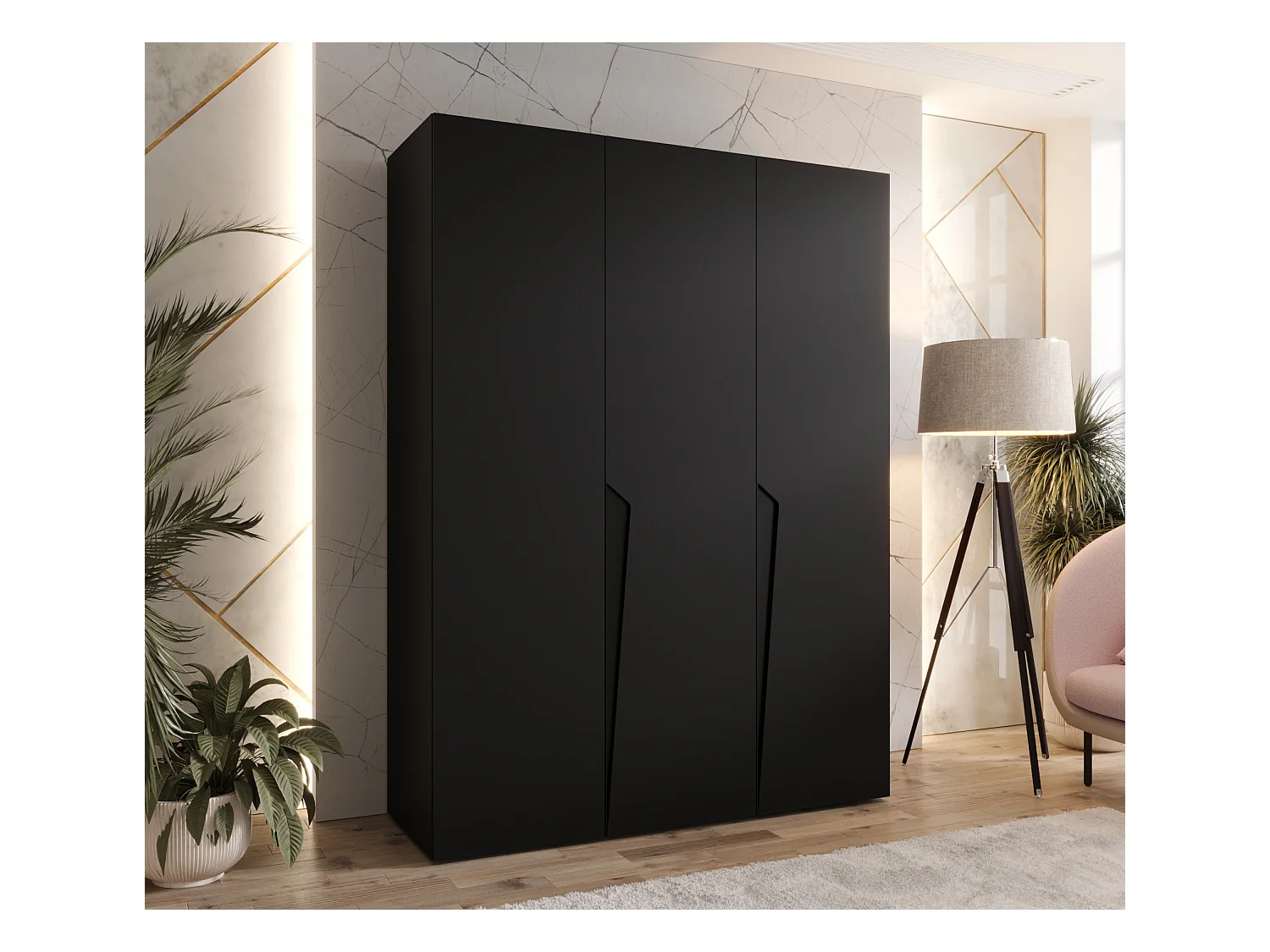 Armoire à portes battantes Piano 1 150 / 202 / 52 (Noir + poignées: Noir)