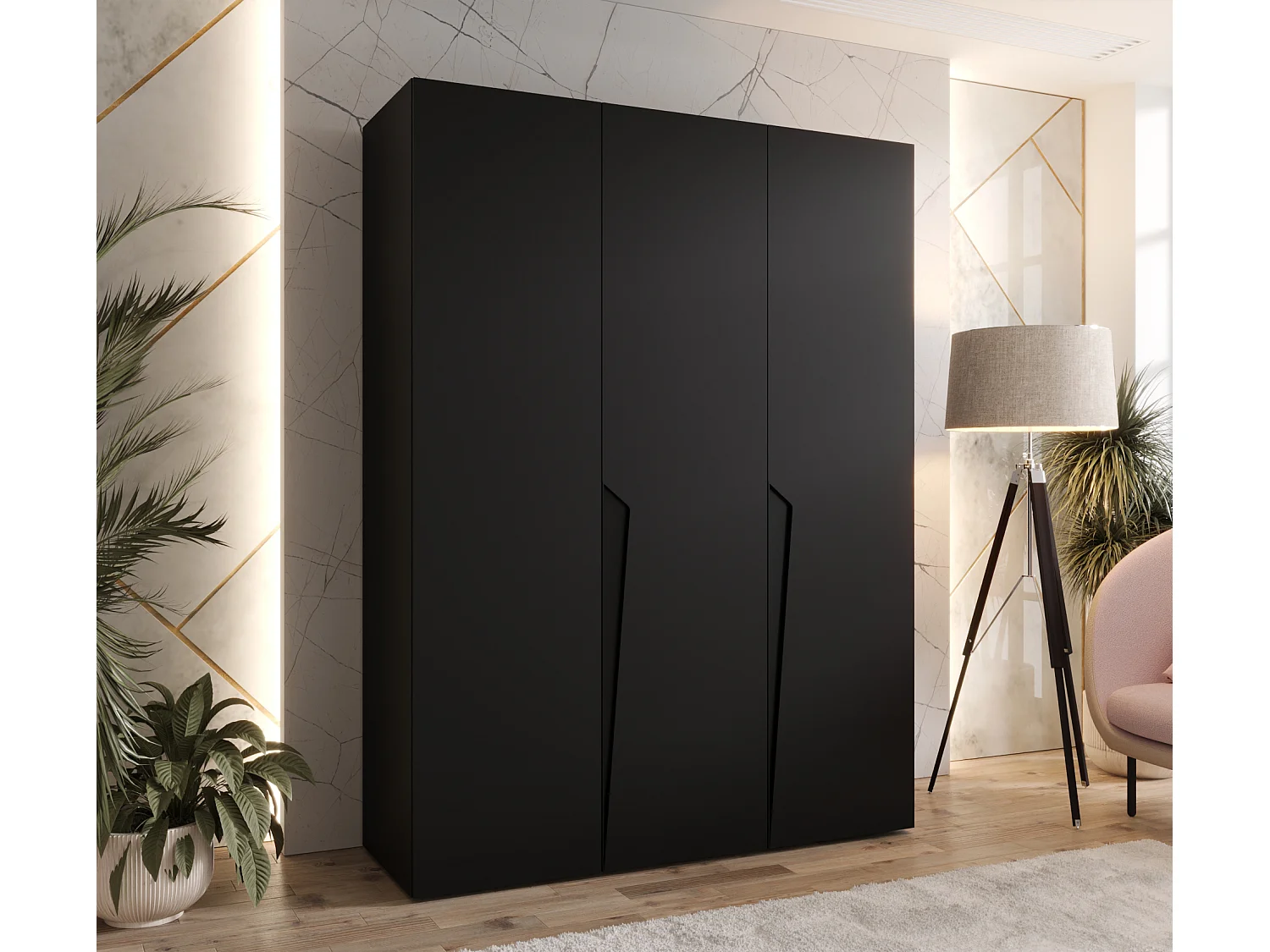 Armoire à portes battantes Piano 1 150 / 202 / 52 (Noir + poignées: Noir)