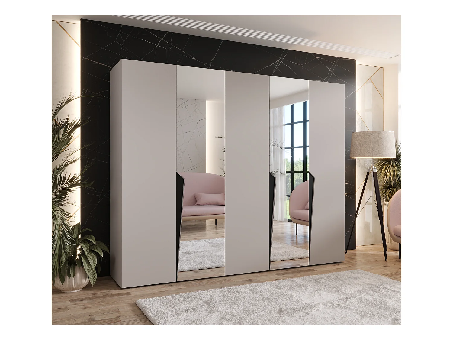 Armadio con ante a battente Piano 2 250 / 202 / 52 (Cashmere + Maniglie: Nero)