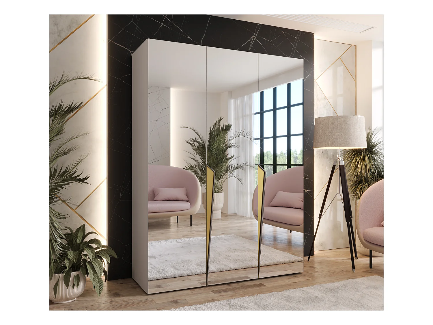 Armoire à portes battantes Piano 3 150 / 202 / 52 (Cachemire + poignées: Gold)