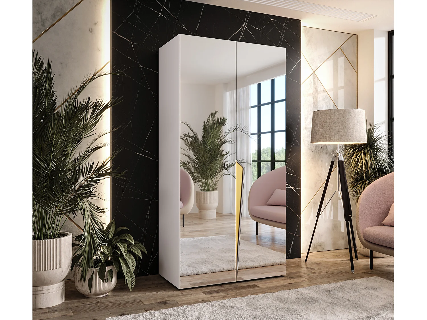 Draaideurkast Piano 3 100 / 202 / 52 (Wit + handgrepen: Goud)