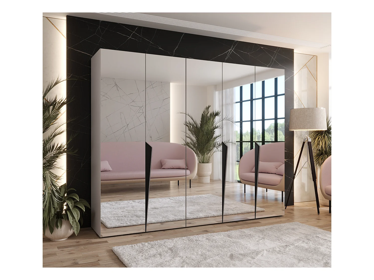 Armadio con ante a battente Piano 3 250 / 202 / 52 (Cashmere + Maniglie: Nero)