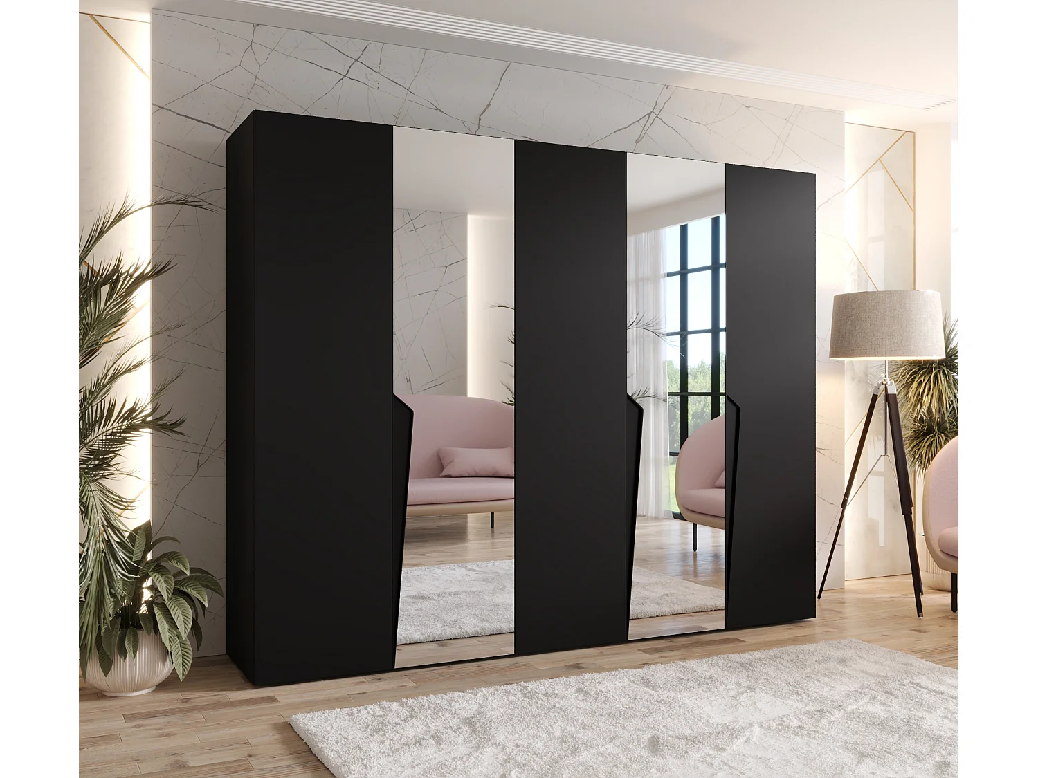 Armoire à portes battantes Piano 2 250 / 202 / 52 (Noir + poignées: Noir)