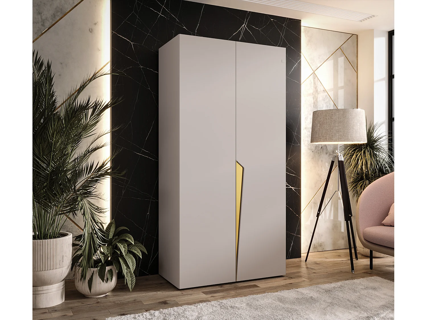 Drehtürenschrank Piano 1 100 / 202 / 52 (Kaschmir + Griffe: Gold)