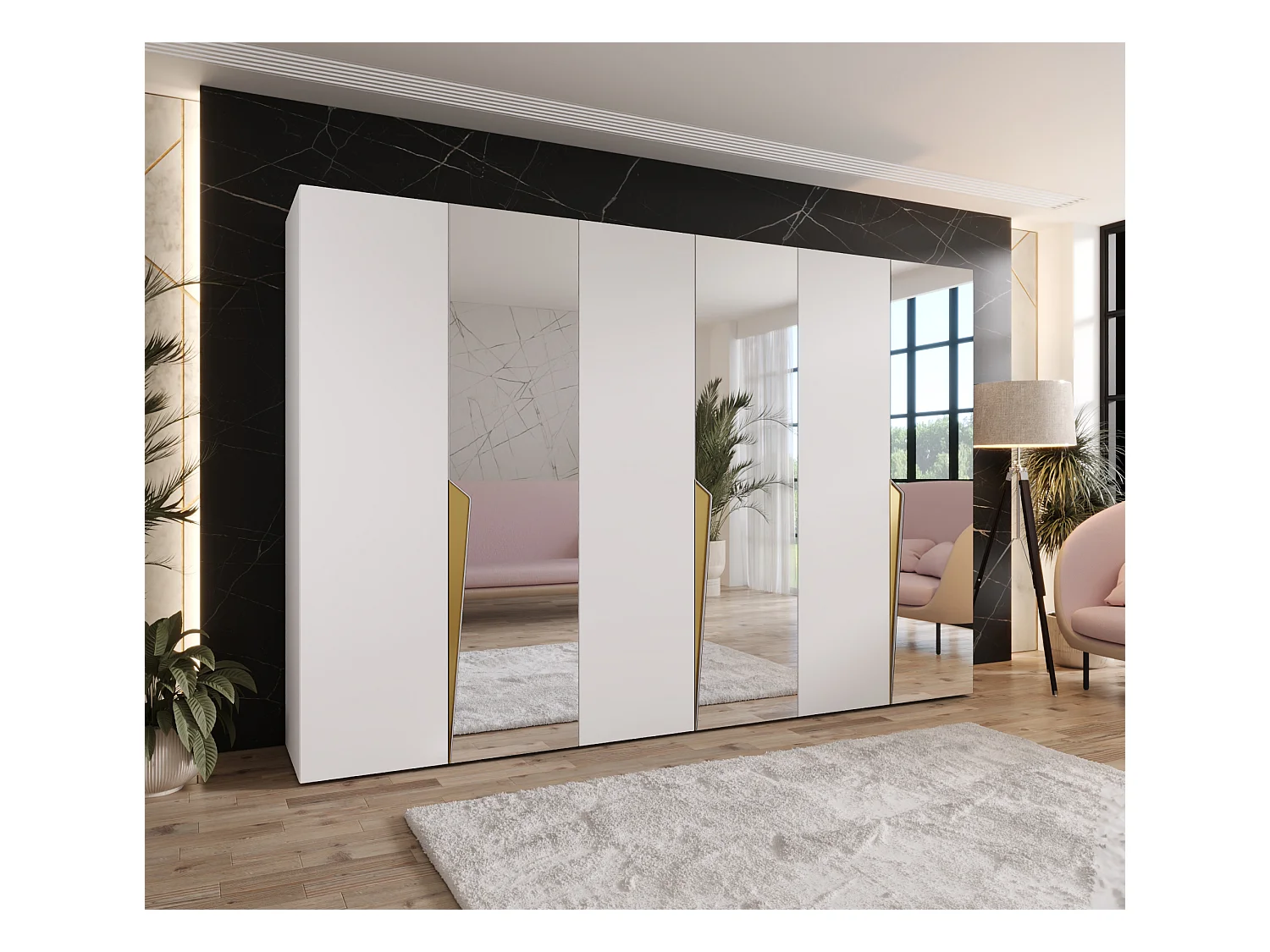 Armoire à portes battantes Piano 2 300 (100x3) / 202 / 52 (Blanc + poignées: Gold)